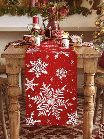 1 Red Christmas Table Runner, White Snowflake Pattern, Family Gathering, Dining Room Living Room Table Runner Decoration, Home Decoration Gifts Christmas Decorations, 13x35/13x47/13x72/13x90/13x108 Inches.