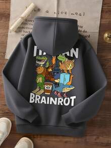 1pc Tween Boy Casual Printed Pullover Sweatshirt, Thermal Lined, Long Sleeve, Autumn/Winter - Dark Grey - View 4