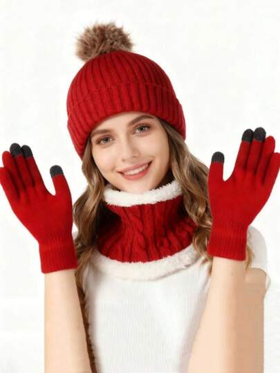 1 Set Mütze, Schal, Handschuhe 3-in-1 Warmes Winter Set, Pompon Strickmütze, Touchscreen Handschuhe, Fleece Halswärmer, Urlaubsgeschenk, geeignet für tägliche Fahrten, Outdoor Ski Winterausrüstung