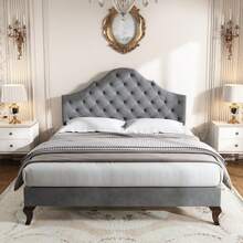 Upholstered Bed 140*200 With Slatted Frame And Headboard, Upholstered Bed With Height-Adjustable Headboard, For Adults & Teenagers, Wooden Slats, Easy Assembly, Velvet, Grey - Gray + Velvet + 140cm*200cm - 查看 5