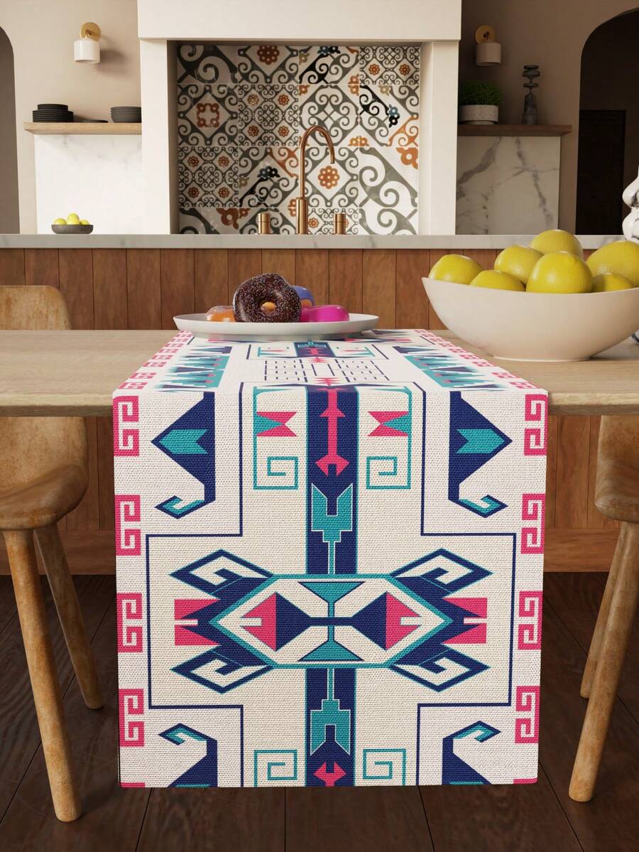 1pc Bohemian Style Tablecloth, Rhombus Asymmetrical Pattern, Linen-Like Material, Versatile For Daily Use, Parties, Home Decor, Indoor/Outdoor, Dining Table Center Decor