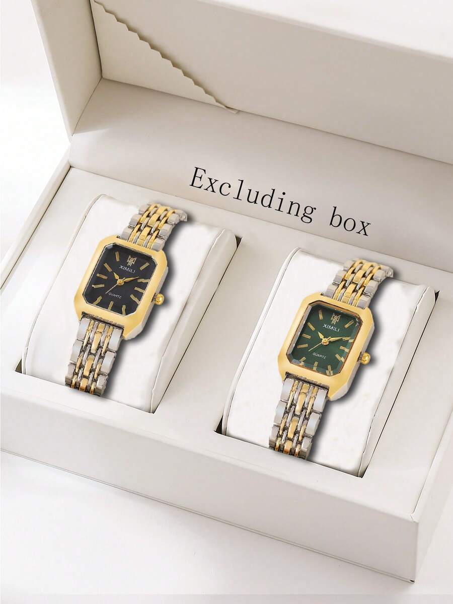 2pcs/Set Luxury Alloy Band Women's Watch, Fashion Square Quartz Wrist Watch Set For Female Students