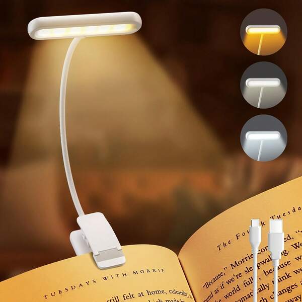 3-Color Clip-On Rechargeable LED Book Reading Light - Multiple Brightness Levels, 3 Color Temperatures, Long Runtime, Flexible Gooseneck, Adjustable Angle, USB-C Charging Port, Compact & Portable Design For Bed, Dorm, Home Office Reading & Work