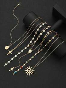 Set de 6 collares con colgantes de metal vintage en forma de cruz, retrato y sol; Set de collares con colgantes de cristal de colores estilo bohemio, adecuado para uso diario, vacaciones, fiestas, citas de mujeres, regalo de vacaciones para amigos - Amarillo Oro - Ver 5