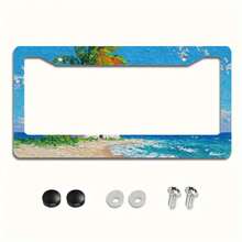 1pc Aluminum License Plate Frame - Coastal Beach Scene With , Rusty Red Roof & Palm Tree - Heavy-Duty Metal Construction - Scratch & Dent Protection - Easy Installation With Pre-Drilled Holes - Fits US Standard Plates - Car Exterior Decoration For Beach House, Tropical Decor - (6.3x12.2 Inches/16x31cm), Beach Theme Decor, Tropical Aesthetic, Vibrant Design, Durable Construction, Vehicle Customization, Weatherresistant Material, Home - 6.3x12.2inch(16x31cm) X1pc - View 2