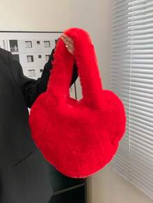1pc Fluffy Heart Shaped Large Shoulder Bag, Zipper Closure, Handheld Or Shoulder Strap, Suitable For Vacation, Daily Shopping, Gift For Mom, Autumn/Winter