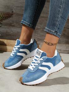 Women's Spring/Autumn White Sneakers, Low-Top, Lightweight, Non-Slip, Wear-Resistant, Low Heel, Round Toe, Breathable, Comfortable Lace-Up Casual Outdoor Sports Shoes - Dusty Blue - View 1