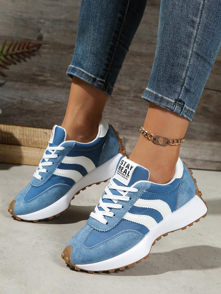 Women's Spring/Autumn White Sneakers, Low-Top, Lightweight, Non-Slip, Wear-Resistant, Low Heel, Round Toe, Breathable, Comfortable Lace-Up Casual Outdoor Sports Shoes - Dusty Blue - View 1