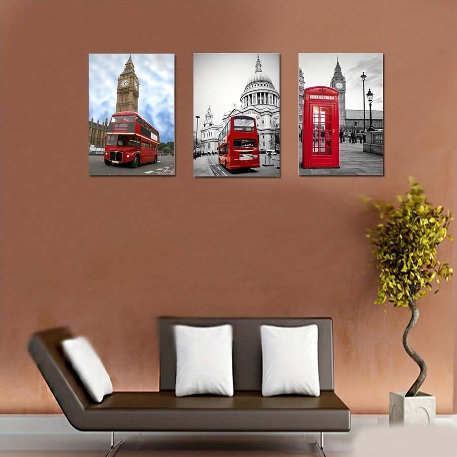3pcs Canvas Poster, Wooden Frame, Modern Art, Red Bus Streets Of London Wall Art For Home Decor Painting, Ideal Gift For Bedroom Living Room, Decor Wall Art, Wall Decor, Fall Decor, Wall Decor, Room Decoration - 3pcs - View 1