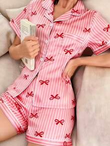 蝴蝶结条纹印花短袖短裤女士睡衣套装 - 紅色 - 查看 2