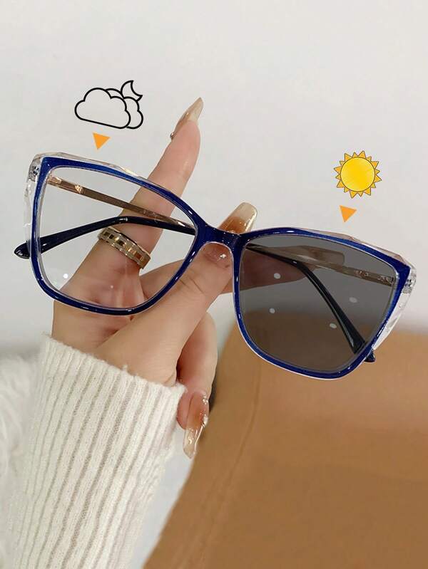 1 Pair Stylish Cat Eye Photochromic Glasses, Personalized Design, Blue Color, Suitable For Commuting, Outdoor, Party, Casual Wear, Unisex