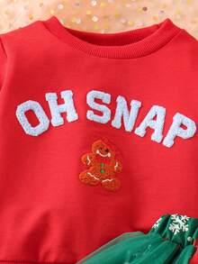 2pcs Baby Girls Casual Outdoor Bear Pattern Red Long Sleeve Top + Green Mesh Skirt Set, Autumn/Winter - Red - View 7