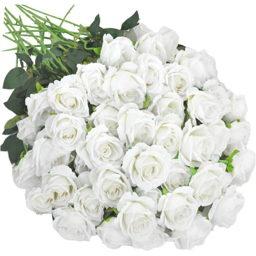 50PCS Large Velvet Artificial Roses 4.14" Real Touch Long Stem Fake Flowers In Bulk For Flower Arrangement, Wedding, Home & Party Decor (White) - White 50pcs - View 1