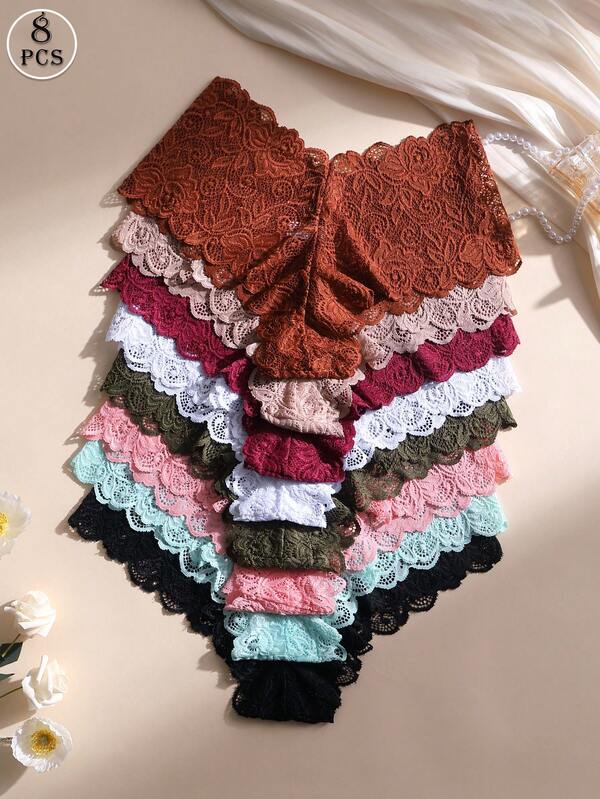 8 قطع سراويل داخلية نسائية من الدانتيل المفرغ ذات الخصر المتوسط، سلسة وناعمة ومريحة وقابلة للتنفس، مناسبة للرياضة واليوم اليومي