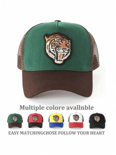 1pc Animal Mountain Letter Breathable Mesh Baseball Cap, Unisex Embroidered Snapback Hat, Fashion Versatile Baseball Cap, Sun Protection Sports Hat