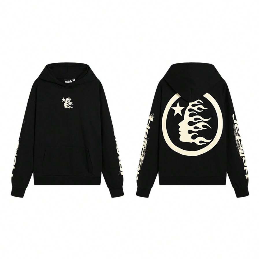 Hoodie, Retro Letter Print Hoodie, Men's Streetwear Long-Sleeve Hooded Sweatshirt, Couple Matching Outfit Sweatshirts - H513黑杏 - 查看 1