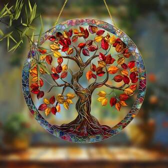 生命之树彩色玻璃捕光器圆形窗户悬挂艺术，适合生日、家居和花园装饰 - 适合女性办公室、房间、衣柜的美观桌面配件 - 送给姐妹、朋友、女士的独特富有想象力的礼物