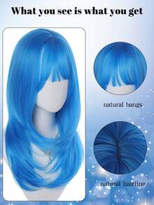 Wig Sintetis dengan Poni, Rambut Lurus Sintetis Berlapis Tinggi Panjang Tahan Panas Warna Biru, Cocok untuk Cosplay Wanita dan Halloween - MultiWarna - View 3