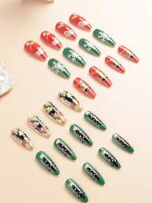 24片长杏仁形按压指甲，法式欧美闪光驯鹿雪花铃铛圣诞指甲，简约甜美，全覆盖易粘贴设计，适合女性节日、日常生活和旅行 - 彩色 - 查看 3