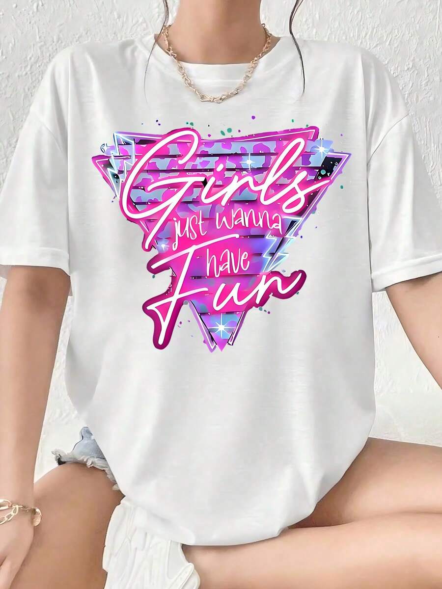 Girls Just Wanna Have Fun Retro 80s Inspired Graphic T-Shirt For Women - Vintage Neon Pink And Purple Design, Casual Summer Top,  Party Wear, Oversized Comfort Fit, Unisex Streetwear Style - 白色 - 查看 1