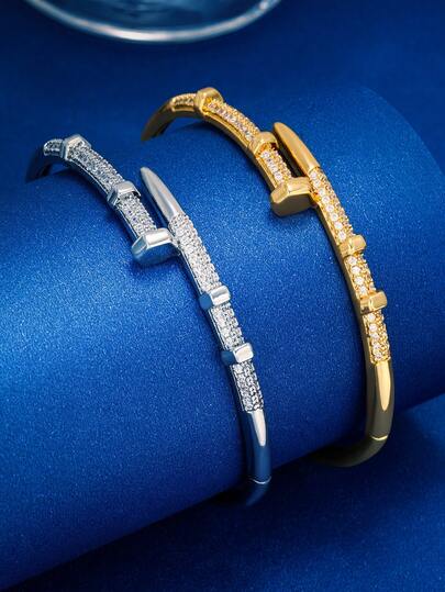 Pulseira de Aço Inoxidável com Zircônia Geométrica Cintilante no Formato de Unha, Adequada para Uso Diário, Combinação Multi-Ocasião e Presente