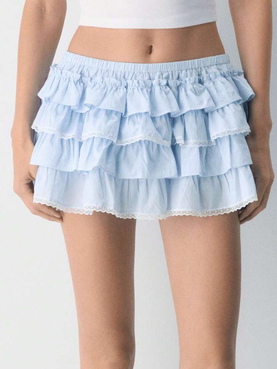 Women Lace Skater Skirts Low Rise Ruffle Frill Tiered Bloomer Mini Skort Cute Layered Flowy A Line Shorts Skirts - Blue - View 1