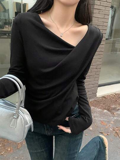 Korean Style Soft Cashmere Long Sleeve T-Shirt For Women, Asymmetrical Twist Pleated Design, Slimming, Autumn