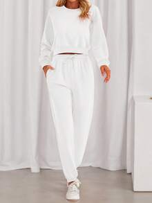 Women Fall 2 Piece Outfits Casual Long Sleeve Crop Top Drawstring Pant Jogger Suit Jumper Sportswear Sweatsuits Tracksuit Matching Set - 白色 - 查看 1