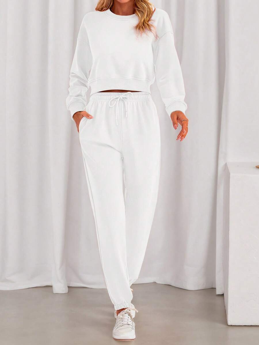 Women Fall 2 Piece Outfits Casual Long Sleeve Crop Top Drawstring Pant Jogger Suit Jumper Sportswear Sweatsuits Tracksuit Matching Set - 白色 - 查看 1