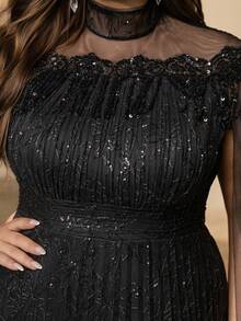 UNITHORSE [Random Print] Plus Women's Stand Collar Floating Piece Sleeve Tassel Slim-Fitting Evening Dress - Black - View 6