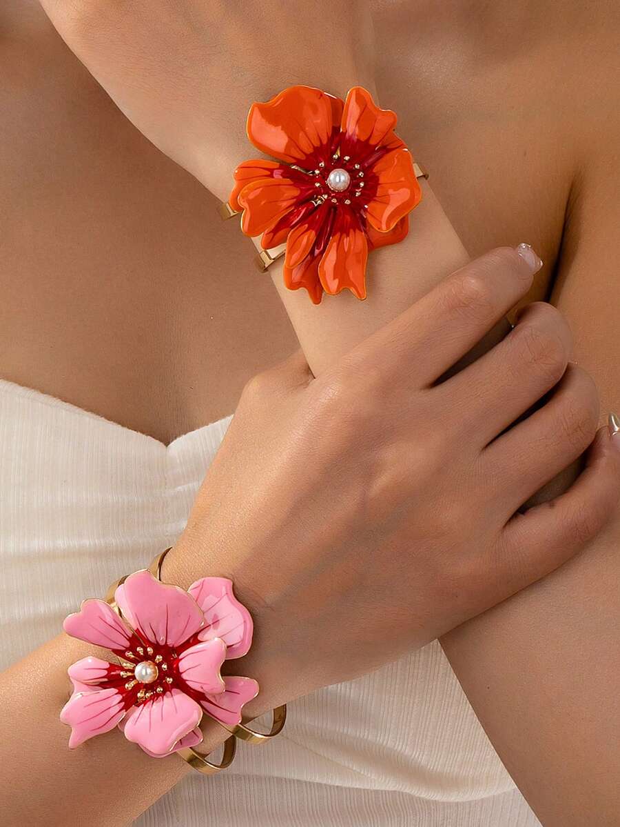 1 chiếc vòng tay mặt hoa tráng men kim loại phong cách Bohemian thời trang, phù hợp với trang phục hàng ngày, dự tiệc và đi nghỉ của phụ nữ - hoa - Xem 1
