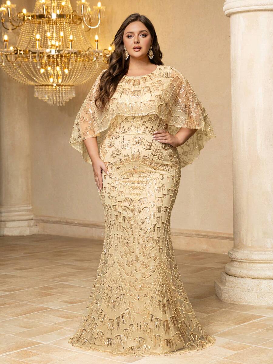 UNITHORSE Plus Women's [Random Cut] Round-Neck Haute Glamour Luxury Cloak Sleeves Dress Wedding