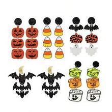 Juego de aretes de Halloween para mujer acrílico lindos murciélagos de calabaza fantasma purpurina de Pascua aretes colgantes para disfraz de fiesta de cosplay regalo - como en la foto - Ver 2