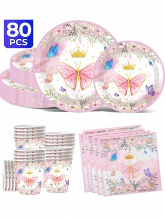 Butterfly & Crown Theme 20/40/50/60/80/100 Disposable Tableware Set, Including 7-Inch Paper Tray, 9-Inch Cardboard, 9-Ounce Cup, Napkins, Suitable For Daily Gatherings, Birthday Parties, Bridal Showers, Baby Showers, Clubs, Weddings, Tea Parties, Picnics, Outdoor Outings, And Themed Parties.