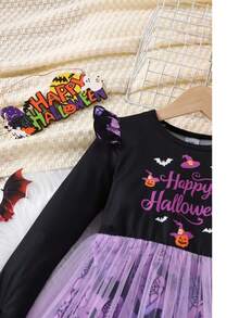 Girls Halloween Dress 4-7 Years Old Long Sleeve Black Top Purple Tulle Tutu Pumpkin Bat Print Young Girl Party Kindergarten Costume - Purple - View 7