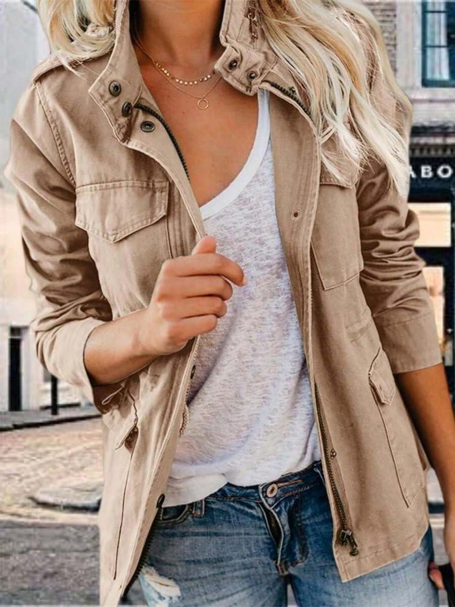 Chaqueta anorak militar para mujer con cremallera, botones a presión, parka utilitaria con bolsillos - Caqui claro - Ver 1