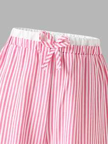 2pcs Girls' Fashionable Delicate Striped & All-Over Print Elastic Waist Straight Leg Pants, Casual Outdoor Soft & Versatile Childrenswear, Spring/Autumn - Multicolor - View 4
