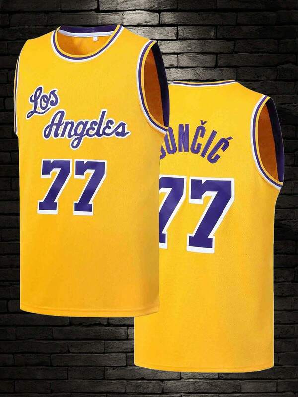 Atonmore Men's Basketball Jersey 77 Yellow Embroidered Stitching Basketball Tank Top, Sleeveless Sports Shirt