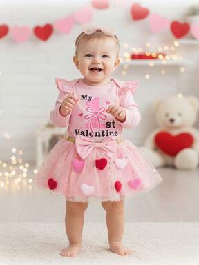 Conjunto de 3 piezas para el primer día de San Valentín de niña, mono de manga larga con letras, falda de tul, diadema con lazo