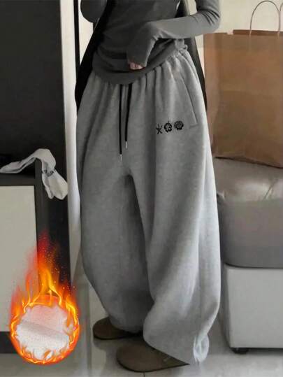 Women's Casual Fashionable Minimalist Printed Accent Stylish Wide Leg Grey Pants, Autumn/Winter