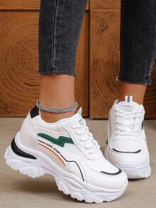 Pantofi sport groși pentru femei, noi, pentru exterior, sport, casual, cu partea superioară din piele moale, toc cu platformă, creștere înălțime, pantofi pentru studenți în stil universitar, blocare a culorilor la modă - Negru - Vizualizare 4