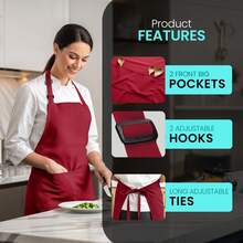 Utopia Kitchen Adjustable Bib Apron With 2 Pockets – Pack Of 2 Heavy-Duty Chef Aprons With Adjustable Neck Strap, Long Ties & Large Front Pockets, Protective Cooking Aprons For Men & Women, Machine-Washable, Durable Everyday Kitchen & Craft Wear - Red - View 2