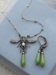 3pcs Dragonfly Geometric Pendant Necklace & Earrings Set, Multi-Color Metal, Natural Stone, Zirconia, Pearl, Vintage Classic Design For Women Party