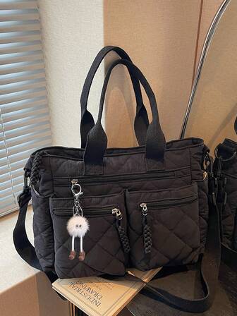 新款时尚日常百搭学院风菱格绗缝多口袋单肩托特包，纯色简约大容量斜挎包，学生书包，适合上班、通勤、购物和校园使用