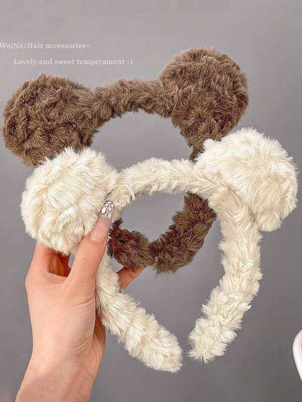 1pc/2pcs Cute Cartoon Bear Ear Plush Headband, Women Wash Face Hair Hoop, 2025 New Winter Hair Accessories, Hair Accessory