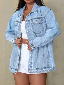 Women's Plus Size Denim Jacket  Vintage Washed Loose And Slimming Mid Length Jacket  Plain    Casual    Pocket  Button Front    Daily  School  Travel    Versatile Boyfriend Style Denim Jacket - 淺色水洗藍 - 查看 3