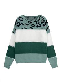 Women's Oversized Cute Color Block Leopard Sweaters Casual Cozy Ribbed Knit Crewneck Pullover Long Sleeve Sweater Tops