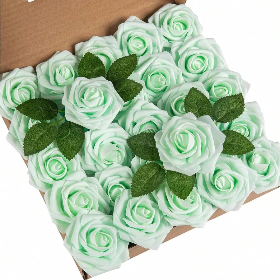 50Pcs Artificial Roses With Stems Real Touch Foam Flowers For DIY Wedding Bouquet, Baby Shower Centerpiece, Floral Arrangement, Party & Home Decor (Mint Green) - Màu xanh Bạc hà - Xem 1