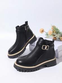 Fall/Winter Women's Fashionable Y2K Side Zipper Holiday Casual Vacation Buckle Ankle Boots - Black - View 1