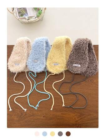 复古保暖羊羔绒耳罩，女士秋冬保暖耳罩，纯色毛绒耳罩，防风耳套，系带保暖耳罩，适合户外骑行，甜美毛绒系带防风耳罩，秋冬女士保暖耳套